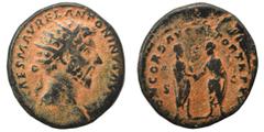Roman Imperial Marcus Aurelius, 161-180. Dupondius (bronze, 12.25 g, 26 mm), Rome. IMP CAES M AVREL ANTONINVS AVG P M Radiate head right. Rev. CONCORD AVGVSTOR TR P XV Marcus Aurelius and Lucius Verus