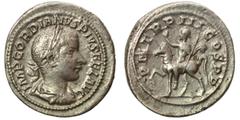 Roman Imperial Gordian III, 238-244. Denarius (silver, 3.92 g, 21 mm), Rome. IMP GORDIANVS PIVS FEL AVG Laureate, draped and cuirassed bust of Gordian III to right, seen from behind. Rev. P M TR P III