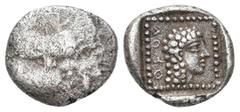 Greek DYNASTS OF CARIA. Orou. Local Dynast (Circa 450-400 BC). AR Quarter Stater. Obv: Forepart of winged, man-headed bull right. Rev: OF OV. Head of female (Aphrodite?) right in dotted square border 