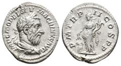 Imperial MACRINUS, 217-218 AD. AR, Denarius. Rome. Obv: IMP C M OPEL SEV MACRINVS AVG. Laureate and draped bust of Macrinus, right. Rev: P M TR P II COS P P. Annona standing left, holding cornucopia a