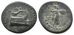 GREEK LYCIA. Phaselis. (Circa 190-167 BC). Ae. Obv: Prow right; above, crowning Nike flying right. Rev: Φ-A. Athena advancing right, brandishing spear and holding shield. SNG Copenhagen 126. Condition