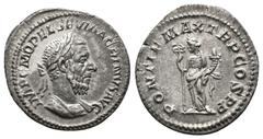 ROMAN IMPERIAL MACRINUS, 217-218 AD. AR, Denarius. Rome. Obv: IMP C M OPEL SEV MACRINVS AVG Laureate and cuirassed bust of Macrinus, right. Rev: PONTIF MAX TR P COS P P. Felicitas standing, holding lo