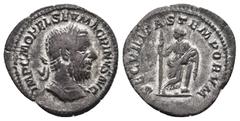 ROMAN IMPERIAL MACRINUS, 217-218 AD. AR, Denarius. Rome. Obv: IMP C M OPEL SEV MACRINVS AVG Laureate and cuirassed bust of Macrinus, right. Rev: SECVRITAS TEMPORVM Securitas standing facing, head left