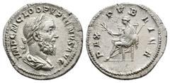 ROMAN IMPERIAL PUPIENUS (238). Denarius. Rome. Obv: IMP C M CLOD PVPIENVS AVG. Laureate, draped and cuirassed bust right. Rev: PAX PVBLICA. Pax seated left on throne, holding branch and sceptre. RIC 4