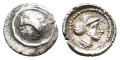 GREEK DYNASTS OF LYCIA, Arinaha (400-380 BC.) AR Obol. Xanthos mint. Obv: Facing lion's scalp Rev: Lycian script resembling AΡE, head of Aphrodite right, wearing earring and necklace. Traité II-2. 399