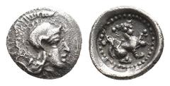 GREEK LYCIA, Tlos (425-360 BC.) AR Hemiobol. Obv: Helmeted head of Athena right. Rev: Lion sitting right, front paw raised, all in circle of dots. Condition: VF. Weight: 0.35 g. Diameter: 8 mm.