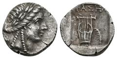 GREEK LYCIA, Phaselis. (Circa 167-81 BC). AR Hemidrachm. Obv: Laureate head of Apollo right, hair falling in two ringlets. Rev: ΦAΣHΛI Kithara (lyre); fulmen in left field, torch in right; all within 