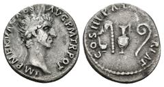 ROMAN IMPERIAL NERVA, 96-98 AD. AR, Denarius. Rome. Obv: IMP NERVA CAES AVG P M TR POT II. Laureate head of Nerva, right. Rev: COS III PATER PATRIAE. Priestly implements: simpulum, sprinkler, ewer and