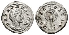 ROMAN IMPERIAL DIVA PAULINA, Died before 236 AD. AR, Denarius. Struck under Maximinus Thrax. Rome. Obv: DIVA PAVLINA. Veiled and draped bust right. Rev: CONSECRATIO. Peacock standing facing, head left