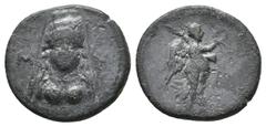 ROMAN PROVINCIAL LYCIA, Myra. 1st. century BC. AE. Obv: Veiled and draped bust facing of Artemis-Eleuthera; shield (?) to right and left. Rev: Nike standing right, holding wreath and palm. SNG von Aul