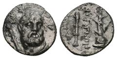 GREEK PISIDIA. Selge. 2nd-1st century BC. AR Triobol. Obv: Head of Herakles facing slightly right, wearing oak wreath and lion skin tied around neck; club to left. Rev: Ethnic between upright club and