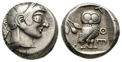 GREEK ATTICA. Athens, AR, Tetradrachm. 515 BCE - 482 BCE Obv: Athena head of right; archaic style. Rev: ΑΘΕ. Owl standing, right; head facing, behind olive sprig. The first era of Athenian owls, coins