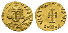Byzantine TIBERIUS III APSIMAR (698-705). GOLD Tremissis. Constantinople. Obv: D TIbERIVS PE AV. Crowned and cuirassed facing bust, holding spear and shield with horseman motif. Rev: VICTORIA AVGVS / 