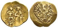 Byzantine MICHAEL VIII PALAEOLOGOS (1261-1282). GOLD Hyperpyron. Constantinople. Obv: Bust of the Virgin orans within city walls. Rev: St. Michael standing right behind Michael kneeling right, facing 