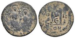 Byzantine Coins HERACLIUS, with HERACLIUS CONSTANTINE (610-641). Follis. Constantinople. Obv: Heraclius and Heraclius Constantine standing facing, Heraclius holding akakia; Heraclius Constantine holdi