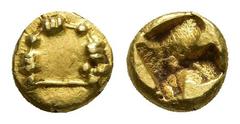 Greek Coins IONIA. Uncertain. Circa 600-550 BC. Hemihekte – 1/12 Stater. Phokaic standard. Obv: Fibula on convex circle. Rev: Rough incuse square. BMFA -, cf. 1791 (hekte). Rosen -, cf. 338-339 (1/24 