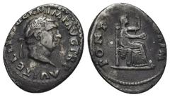Roman Imperial VITELLIUS (69 AD). AR, Denarius. Rome. Obv: A VITELLIVS GERM IMP AVG TR P. Laureate head of Vitellius, right. Rev: PONT [MA]XIM. Vesta veiled and draped; seated right on throne, holding