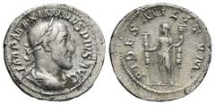 Roman Imperial MAXIMINUS THRAX (235-238 AD). AR, Denarius. Rome. Obv: IMP MAXIMINVS PIVS AVG. Laureate bust of MAximinus I; draped and cuirassed, right. Rev: FIDES MILITVM. Fides standing; draped, hol
