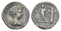 Roman Imperial GETA, AS CAESAR. (198-209 AD.) AR, Denarius. Rome. Obv: P SEPT GETA CAES PONT. Bust of Geta; draped, bare-headed, right. Rev: PRINC IVVENTVTIS. Geta, in military attire, standing left, 
