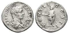 Roman Imperial GETA, as Caesar (AD 209). AR, Denarius. Rome. Obv: P SEPTIMIVS GETA CAES. Bust of Geta, bare-headed, bearded, draped, right Rev: PONTIF COS II. Geta, standing left, holding globe in ext