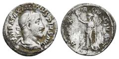 Roman Imperial MAXIMINUS THRAX (235-238 AD). AR, Denarius. Rome. Obv: IMP MAXIMINVS PIVS AVG. Laureate, draped and cuirassed bust of Maximinus, right. Rev: PAX AVGVSTI. Pax standing left, holding bran