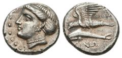 Greek Coins PAPHLAGONIA. Sinope. Diony-, magistrate (Circa 330-300 BC). AR Drachm. Obv: Head of Nymph left, with hair in sakkos, circular border of dots. Rev: ΔΙΟΝΥ / ΣΙΝΩ. Sea eagle on dolphin left. 