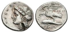 Greek Coins PAPHLAGONIA. Sinope. Agreos, magistrate. (Circa 330-300 BC). AR Drachm Obv: Head of nymph left, with hair in sakkos, circular border of dots. Rev: AΓPE / ΣINΩ. Sea-eagle standing left, wit
