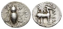 Greek Coins IONIA, Ephesus. Thaleas, magistrate. (Circa 202-150 BC). AR Drachm. Obv: E-Φ. Bee. Rev: ΘAΛEAΣ. Forepart of stag right, head reverted; palm tree to left. Mattingly 509 (var.) Condition: VF