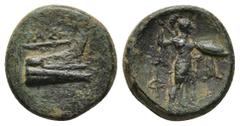 Greek Coins LYCIA. Phaselis (BC 220-190). Ae. Obv: ΦΑΣΗ. Prow of ship right. Rev: Athena Promachos standing right, wearing long chiton and helmet, holding shield in left hand, spear in right hand; Φ-A