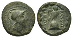 Greek Coins LYCIA. Balbura. (200-81 BC 31). Ae. Obv:Helmeted head of Athena right. Rev:ΒΑΛΒΟΥΡΕΩΝ. Owl standing half right on helmet, head facing, all within wreath. SNG von Aulock 4282; Babelon 2 in 