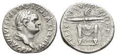 Roman Imperial Titus, 79-81 AD. Rome. AR, Denar. Obv: IMP TITVS CAES VESPASIAN AVG P M. Laureate head of Titus, right. Rev: TR P IX IMP XV COS VIII P P. Thunderbolt on draped table or chair with one, 