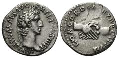 Roman Imperial Nerva, 96-98 AD. AR, Denarius. Rome. Obv: IMP NERVA CAES AVG P-M TRP II COS III PP. Laureate head of Nerva, right. Rev: CONCORDIA EXERCITVVM. Clasped hands. RIC 26, C 22. Condition: VF.