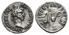 Roman Imperial Nerva, 96-98 AD. AR, Denarius. Rome. Obv: IMP NERVA CAES AVG P M TR POT II. Laureate head of Nerva, right. Rev: COS III PATER PATRIAE. Priestly implements: simpulum, sprinkler, ewer and