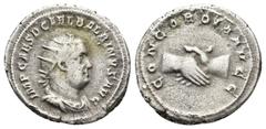 Roman Imperial Balbinus 238 AD. Antoninianus. Rome. Obv: IMP CAES D CAEL BALBINVS AVG. Radiate, draped and cuirassed bust of Balbinus, right. Rev: CONCORDIA AVGG. Clasped hands. RIC 10. Condition: VF.