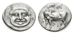Greek MYSIA. Parion. AR Hemidrachm (4th century BC). AR Hemidrachm. Obv: Facing gorgoneion within incuse circle. Rev: ΠΑ / ΡΙ. Bull standing left, head right. SNG BN 1360-1. Condition: VF. Weight: 2.3