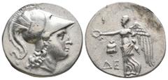 Greek PAMPHYLIA. Side. (Circa 205-100 BC). AR Tetradrachm. Obv: Helmeted head of Athena right. Rev: Nike flying left, holding wreath; to left, pomegranate above ΔE. BMC Lycia p. 293, 29B; SNG France 6