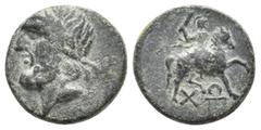 Greek LYCIA. Choma (1st Century BC) Ae. Obv:Laureate head of Zeus left Rev: ΧΩ Rider on galloping horse right, club in raised right hand. BMC 49,1. Rare Condition: Fine/VF. Weight: 3.79 g. Diameter: 1
