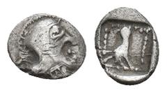 Greek DYNASTS OF LYCIA. Uncertain dynast (Circa 4th century BC). AR Hemiobol. Obv: Helmeted head of Athena right. Rev: Bird (eagle?) standing right within pelleted square border; all within incuse squ