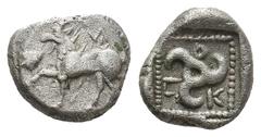 Greek DYNASTS OF LYCIA. Kuprilli (Circa 470-435 BC). AR Tetrobol Goat kneeling left, monogram (ivy leaf?) to left K-O-Π Triskeles, all in dotted square within incuse square. Probably not published in 