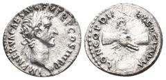 Roman Imperial NERVA, 96-98 AD. AR, Denarius. Rome. Obv: IMP NERVA CAES AVG P M TR P COS II P P. Laureate head of Nerva, right. Rev: CONCORDIA EXERCITVM. Clasped hands; in background, aquila set on pr