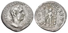 Roman Imperial MACRINUS, 217-218 AD. AR, Denarius. Rome. Obv: IMP C M OPEL SEV MACRINVS AVG. Laureate and cuirassed bust of Macrinus, right. Rev: FIDES MILITVM. Fides standing left, head right, restin