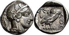 GRIECHISCHE MÜNZEN Attika Athen Tetradrachme 454/404 v. Chr. Kopf der Athena / Eule (Steinkauz), dahinter Olivenzweig und Mondsichel. 3h. Kampmann-Rutten 9 (Datierung 430er-420er v.); Kroll 8; HGC 159