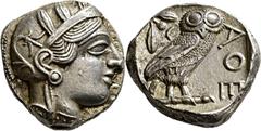 GRIECHISCHE MÜNZEN Attika Athen Tetradrachme 454/404 v. Chr. Kopf der Athena / Eule (Steinkauz), dahinter Olivenzweig und Mondsichel. 9h. Kampmann-Rutten 9 (Datierung 430er-420er v.); Kroll 8; HGC 159