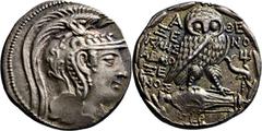 GRIECHISCHE MÜNZEN Attika Athen Tetradrachme "neuen Stils" 92/91 v. Chr., Magistrate Xenokles und Armoxenos. Kopf der Athena mit Pegasoshelm / Eule auf Amphora, rechts Delphin auf Dreizack, unter der 