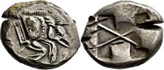 GRIECHISCHE MÜNZEN Lykien Unbestimmter Dynast (Kybernis?) Stater 500/480 v. Chr., unbest. Mzst. Eberprotome, auf der Schulter Legende KYB / Quadratum incusum mit baitylosförmigen Unterteilungen. Müsel