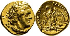 GRIECHISCHE MÜNZEN Reich der Ptolemaier Ptolemaios I. Soter, König 305-283 v. Chr. Goldtriobol (Tetarte) nach 294 v. Chr., Alexandria. Büste des Ptolemaios I. mit Ägis / Adler auf Blitzbündel, links M