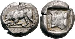 Lykien Unbestimmter Dynast (Kuprilli?) Stater um 450 v. Chr., unbestimmte Mzst. (Xanthos?). 9.08 g. Löwe mit Stierkeule im Maul / Stierkopf in Quadratum incusum. SNG v. Aulock 4070 var. (unterschiedli