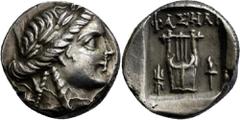 GRIECHISCHE MÜNZEN Lykien Phaselis Drachme 100/77 v. Chr., Pseudo-Prägung für die Lykische Liga. Kopf des Apollon / Kithara in flachem Quadratum incusum, Beiz. Blitzbündel und Fackel. 12h. Troxell, Ly