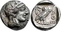 GRIECHISCHE MÜNZEN Attika Athen Tetradrachme 454/404 v. Chr. Kopf der Athena / Eule (Steinkauz), dahinter Olivenzweig und Mondsichel. 7h. Kampmann-Rutten 9 (Datierung 430er-420er v.); Kroll 8; HGC 159