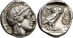 GRIECHISCHE MÜNZEN Attika Athen Tetradrachme 454/404 v. Chr. Kopf der Athena / Eule (Steinkauz), dahinter Olivenzweig und Mondsichel. 6h. Kampmann-Rutten 9 (Datierung 430er-420er v. Chr.); Kroll 8; HG